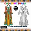 Classic Moroccan dress coloring pages featuring floral designs, from a cozy coloring book with 100 pages, available at artcoloringpage.com.