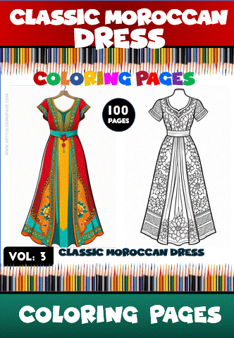 Classic Moroccan dress coloring pages featuring vibrant designs for relaxing. Available at artcoloringpage.com in the cozy coloring book series.