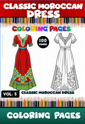 Coloring page featuring classic Moroccan dress designs in red and white, elegant floral patterns highlighted. Available at artcoloringpage.com for cozy coloring pages.