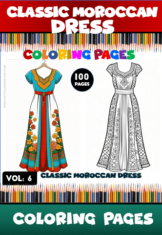 Coloring pages featuring classic Moroccan dress designs, perfect for a cozy coloring book available at artcoloringpage.com.