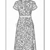 A detailed coloring page featuring a floral dress design with short sleeves and a fitted waist.