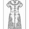 A detailed coloring page of a traditional dress featuring floral patterns and decorative elements.