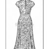 A black and white coloring page featuring a floral patterned dress with a high collar and short sleeves.