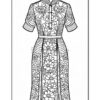 An intricate outline of a floral-patterned dress, designed for coloring, featuring a collared neckline and short sleeves.