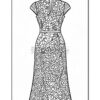 A detailed black and white coloring page featuring a floral-patterned dress with a fitted bodice and a flared skirt.