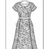 A detailed outline of a floral-themed dress, designed for coloring, featuring a fitted bodice and flowing skirt.