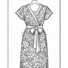 A floral-patterned dress design for coloring, featuring a wrap style and a belt at the waist.