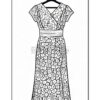 A detailed black and white outline illustration of a floral patterned dress on a hanger, suitable for coloring.