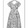 A decorative coloring page featuring a floral-patterned dress with a sash, suitable for coloring activities.