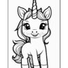 A cute, cartoonish unicorn with a spiraled horn and flowing mane, outlined for coloring.