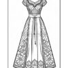 A detailed coloring page featuring a long dress design with intricate floral patterns and lace elements.