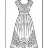 A detailed black and white coloring page featuring a flowing dress adorned with floral patterns and intricate lace designs.