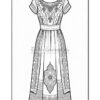 A detailed black and white illustration of a dress featuring intricate patterns and designs, suitable for coloring.