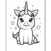 A cute unicorn with big eyes and a spiral horn, surrounded by stars, in a black and white coloring page design.