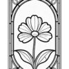 A decorative black and white flower illustration with a simple, stained glass design, featuring a single large bloom and leaves.
