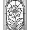A stained glass design featuring a large sunflower with detailed petals and leaves, framed within an ornate border.