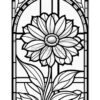 A detailed black and white illustration of a large daisy flower with intricate petal designs, framed by an arched window outline.