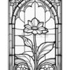 A stained glass window design featuring a large flower surrounded by ornate patterns and arches.