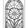 A decorative line art illustration of a flower within a stained glass-style window design.