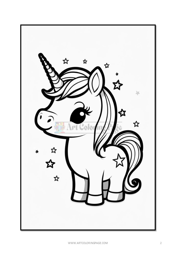 A cute unicorn with a rainbow mane and a horn, surrounded by stars, in a coloring page style.