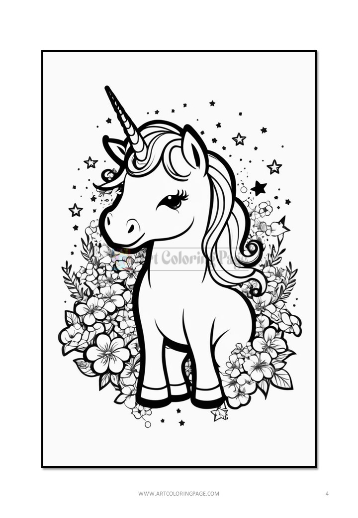 A unicorn with long flowing hair stands among flowers and stars, outlined for coloring.