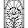 A detailed black and white stained glass design featuring a large flower with broad petals and ornamental leaves.