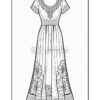 A detailed line drawing of a dress featuring floral patterns and lace trim, designed for coloring.