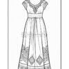 A detailed line art illustration of a long dress with floral designs and decorative patterns along the hem.