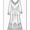 A detailed black and white coloring page featuring a long dress with floral patterns and a decorative neckline.