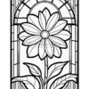 A large, stylized flower with broad petals and detailed leaves, set against an arched window design.
