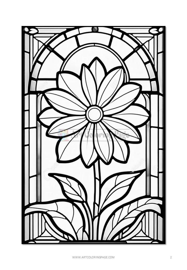 A large, stylized flower with broad petals and detailed leaves, set against an arched window design.