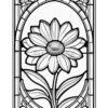 A black and white line art illustration of a large flower with detailed petals and leaves, designed for coloring.