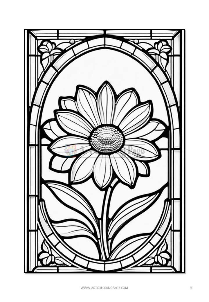 A black and white line art illustration of a large flower with detailed petals and leaves, designed for coloring.