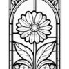 A simple stained-glass flower design featuring a large blossom and two leaves, framed by an arched border.