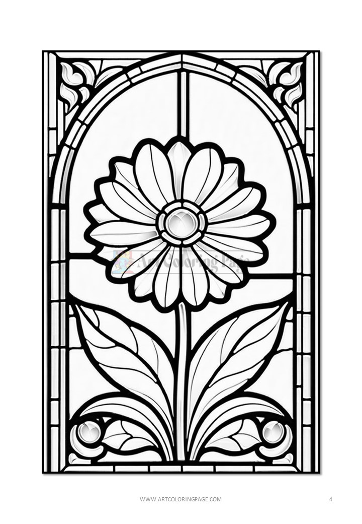 A simple stained-glass flower design featuring a large blossom and two leaves, framed by an arched border.