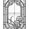 Stained glass window design featuring floral elements and leaves, with an arched frame.