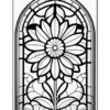 A stained glass window design featuring a large central flower surrounded by symmetrical floral patterns.