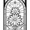 Stained glass design featuring two large flowers and leaves, framed by an arch with a sunburst pattern.