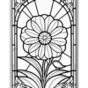A stained glass design featuring a large flower surrounded by geometric patterns.