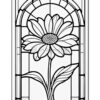 Stained glass design featuring a large flower with petals and leaves, framed by an arched window outline.