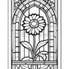 A stained glass window design featuring a large flower and leaves, outlined with bold black lines on a white background.