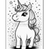 A cute cartoon unicorn with a spiraled horn and flowing mane, surrounded by stars and sparkles, from Artcoloringpage.com.
