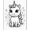 A cute cartoon unicorn with a shiny horn and big eyes, surrounded by small stars, ready to be colored.
