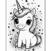 A cute unicorn with a spiraled horn, big eyes, and a flowing mane, surrounded by stars and sparkles.