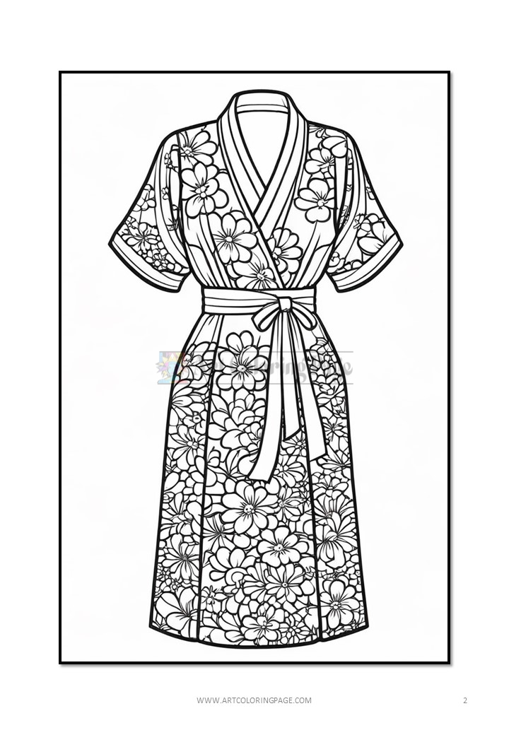 A floral-patterned kimono-style robe featuring short sleeves and a sash tied at the waist, suitable for coloring.