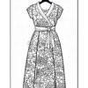 A full-length dress coloring page featuring floral patterns and a tied waist, displayed on a hanger.
