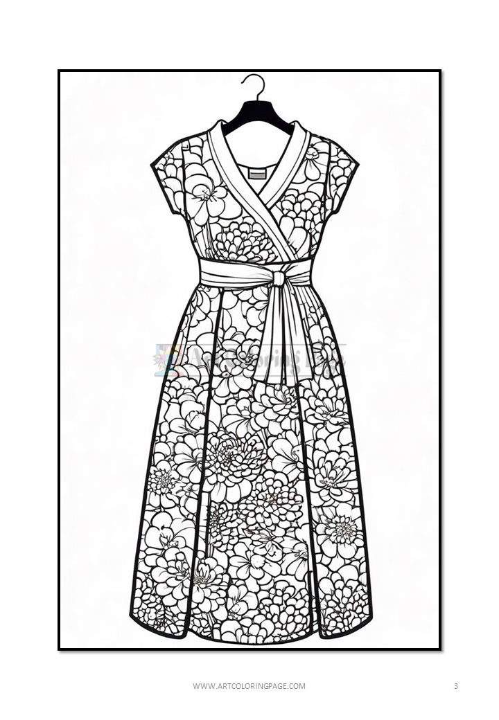 A full-length dress coloring page featuring floral patterns and a tied waist, displayed on a hanger.
