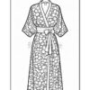 A floral-patterned robe design outlined for coloring, featuring a belt and hanging from a hook on a plain background.