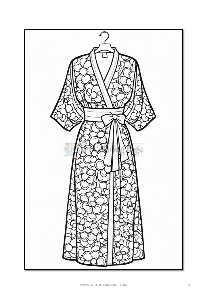 A floral-patterned robe design outlined for coloring, featuring a belt and hanging from a hook on a plain background.