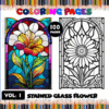 Stained glass flower coloring pages featuring vibrant designs from a cozy coloring book with 100 pages, available at artcoloringpage.com.